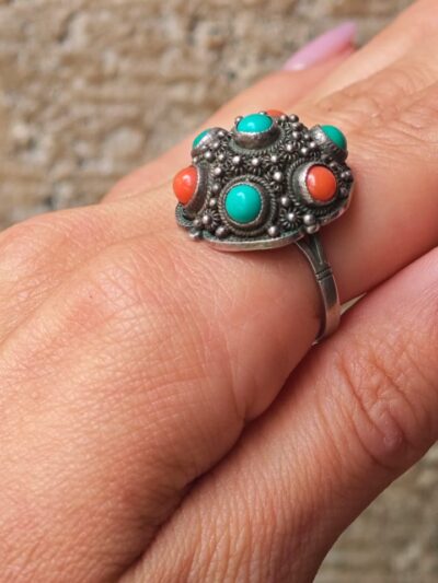 Pierścionek koral/turkus 